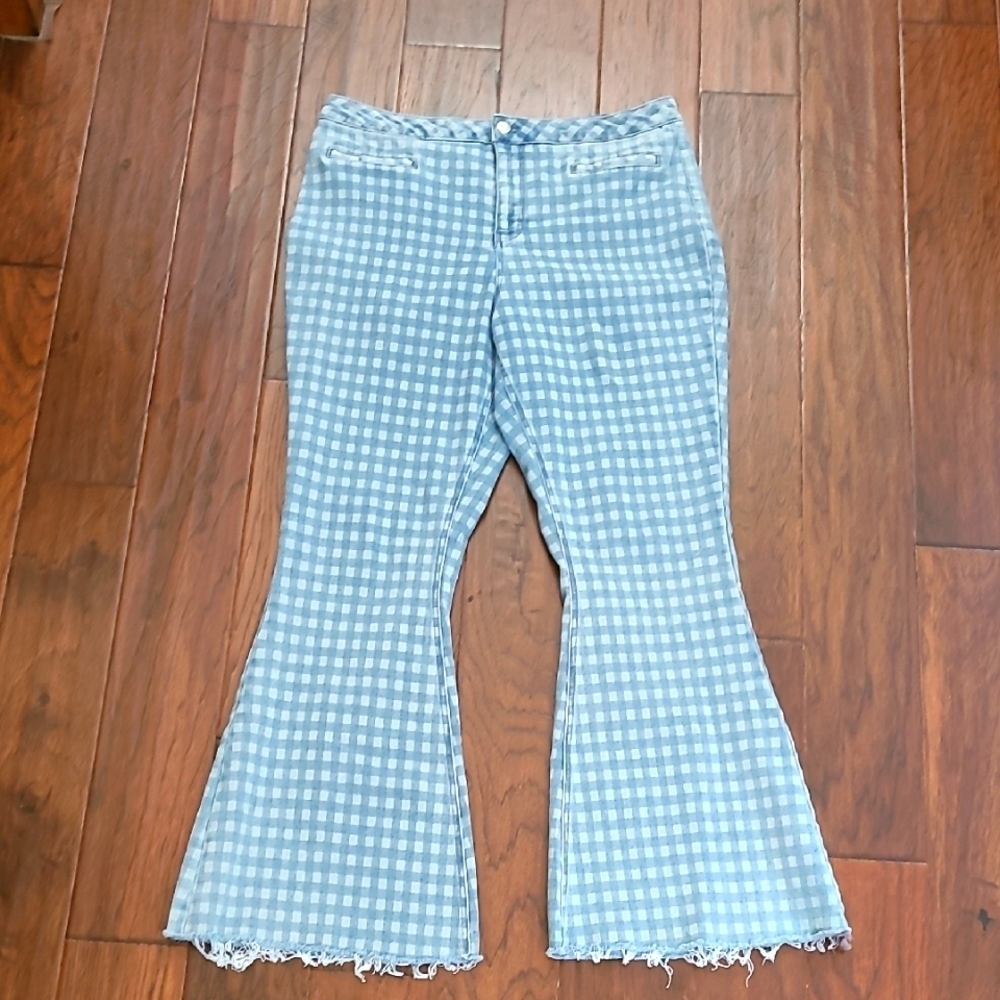 Cato Super Hi-Rise Blue Checkered Flare Jeans with Raw Hem size 14